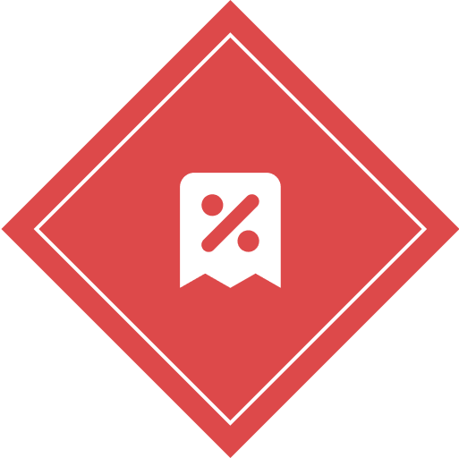 Red diamond-shaped logo with a stylized white icon resembling a face, having a diagonal line and two circles, surrounded by a white border.